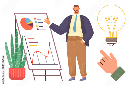 Professional presenting data on a chart board, showcasing growth analytics, next to bright lightbulb and pointing hand. Ideal for business growth, innovation, teamwork, strategy, leadership