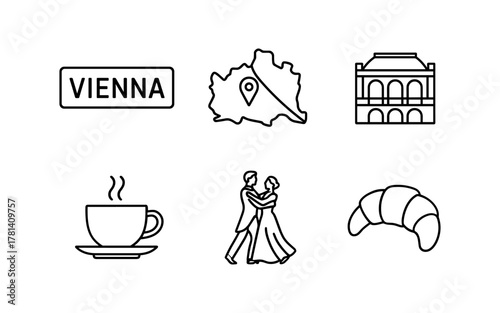 Vienna icons: coffee, opera, dance, culinary, landmarks, line art
