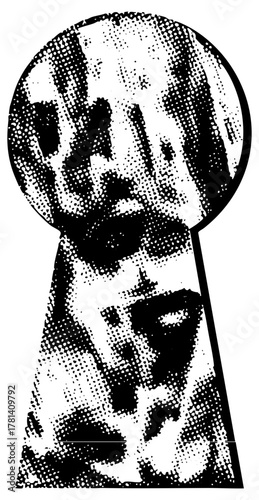 Face peeking illustration through keyhole