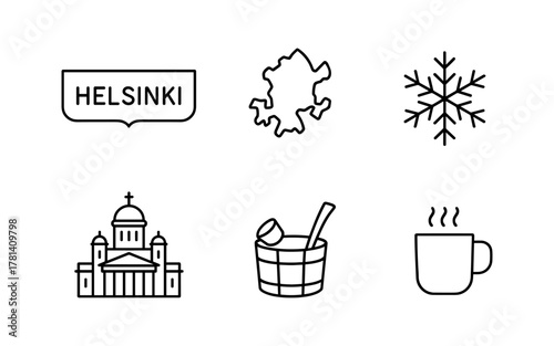 Linear symbols of helsinki: icons of sauna, coffee, snowflake, and architecture