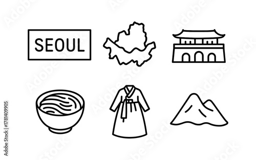 Seoul outline icons: landmark, culture, and cuisine in linear style