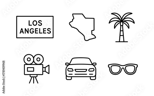 Los angeles minimal icons: city map, palm tree, movie camera, car, glasses