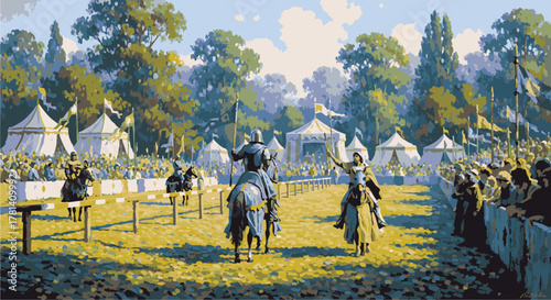 Medieval Jousting Tournament Displaying Knights on Horses and Spectators in Tents