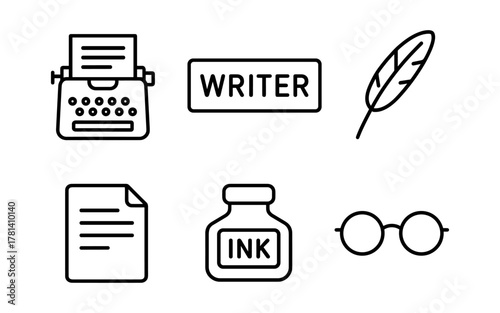 Minimalist writer icons set featuring typewriter, quill, ink bottle, and glasses