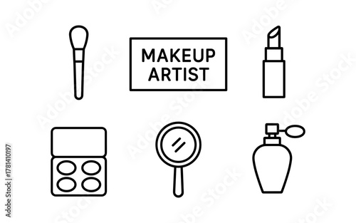 Minimalist makeup artist tools: brush, lipstick, mirror, palette, perfume icons