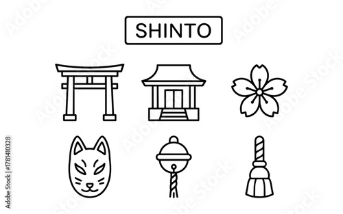 Traditional shinto symbols: torii gate, shrine, sakura, kitsune mask, bell, broom in linear style