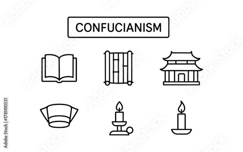 Confucianism icons: book, bamboo, temple, robe, candles in minimalist line design