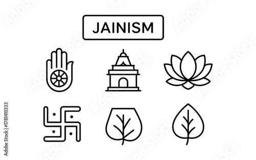 Jainism symbols and icons collection in minimalist linear style