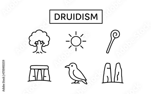 Druidism outline icons: tree, sun, staff, stonehenge, bird, standing stones