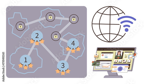 Connected nodes with locks represent secure networks as stars denote rankings. A globe with wireless outlines connectivity, paired with diverse data visuals on a computer dashboard. Ideal