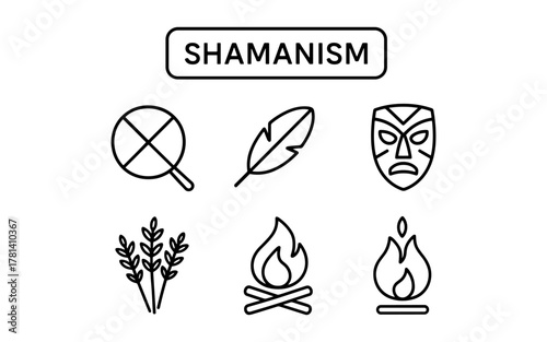 Shamanism symbols: drums, feathers, masks, nature elements in linear design