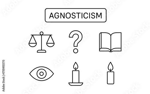 Agnosticism symbols: outline icons of balance, question, book, eye, and candle