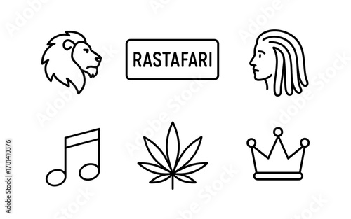 Rastafari icons: lion, music, cannabis, and traditional symbols in linear design