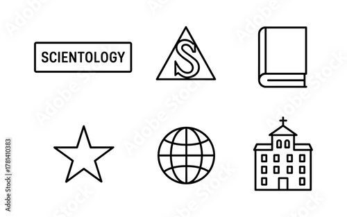 Scientology symbols: church, book, and star line art collection