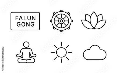 Minimalist yoga and meditation icons with spiritual symbols and nature themes