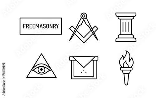 Freemasonry symbols collection: compass, square, eye, pillar, torch icons