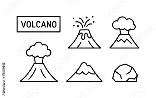 Linear volcanic icons set with eruption and mountain elements