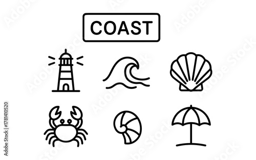 Coastal icons collection: lighthouse, waves, shells, crab, nautical, umbrella