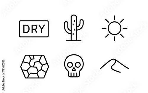 Desert-themed minimalist icons: cactus, sun, skull, and more