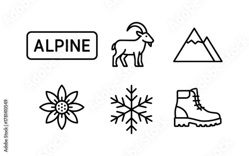 Alpine adventure icons: mountain goat, edelweiss flower, snowflake, hiking boot