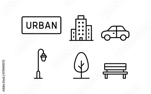 Minimalist urban icons set featuring buildings, car, tree, bench, and streetlight