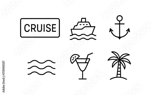 Minimalist cruise and travel icon set with boat, anchor, and palm tree