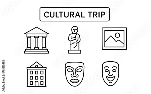 Cultural trip icons: museum, statue, art, and theater masks in minimalist style