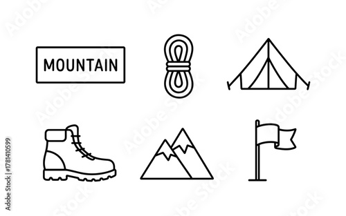 Outdoor adventure icons: camping, hiking, mountaineering essentials in linear style