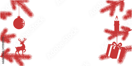 Frame vector set of fir tree branches with Christmas toys: Christmas decorations with red ornaments and festive elements  