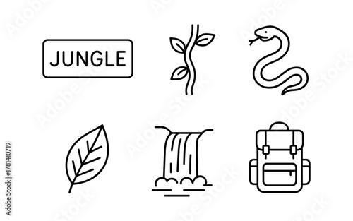 Minimalist jungle icons featuring snake, vine, and backpack for adventure designs