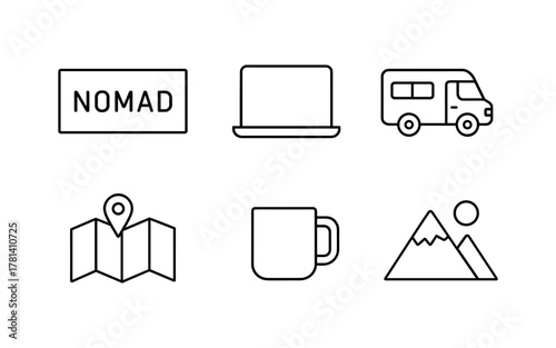 Minimalist nomad lifestyle icons: travel, work, and adventure essentials