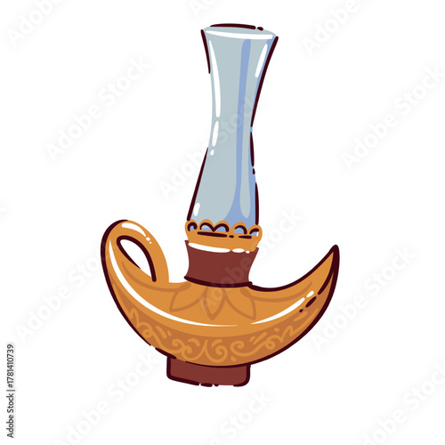 Turkish oil lamp with ornate golden base and blue glass top, decorated with oriental patterns and elegant shapes, symbolizing Middle Eastern culture and tradition, vector illustration.