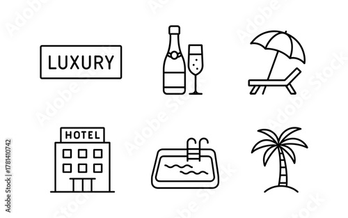Luxury resort icons: hotel, pool, palm tree, champagne, beach chair in linear style