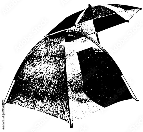 Umbrellas protect from rain in a cityscape