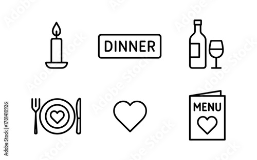 Romantic dinner icons: candle, wine, menu, heart, plate linear style