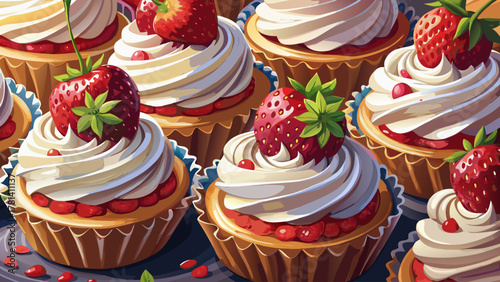Very beautiful cream cupcakes topped with fresh strawberries, freshly prepared by a pastry chef, featuring soft frosting, vibrant red fruit, and warm natural light in a realistic dessert presentation.