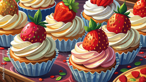 Very beautiful cream cupcakes topped with fresh strawberries, freshly prepared by a pastry chef, featuring soft frosting, vibrant red fruit, and warm natural light in a realistic dessert presentation.