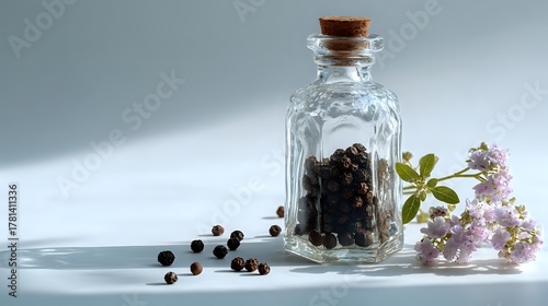 Fototapeta Naklejka Na Ścianę i Meble -  Glass bottle with cork stopper containing black peppercorns, scattered spice and delicate pink flowers on light surface with soft shadows.