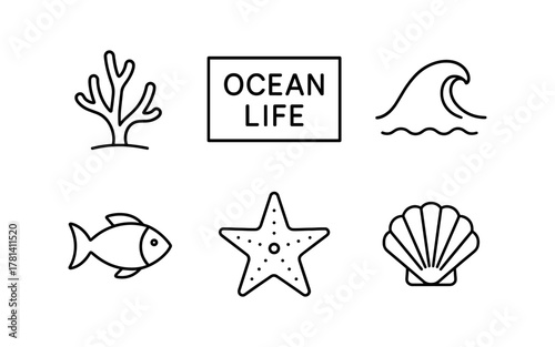 Minimalist ocean life icons: fish, coral, and waves in black and white