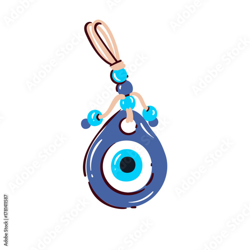 Blue Turkish nazar amulet with beads and string, traditional evil eye charm symbolizing protection and good luck, drawn in clean cartoon style with cultural details, vector illustration.