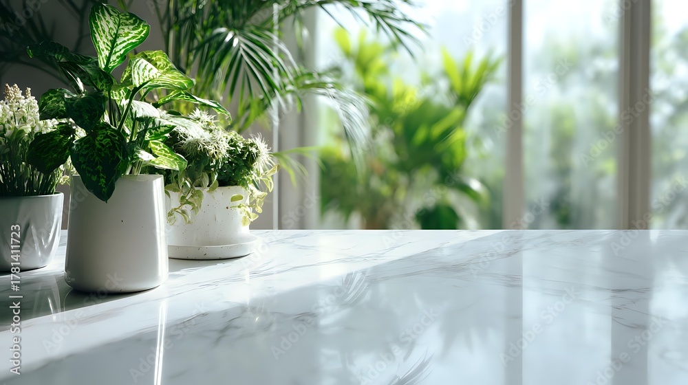 Fototapeta premium Elegant marble countertop with potted green plants in bright interior space, creating fresh atmosphere for modern home or office design.