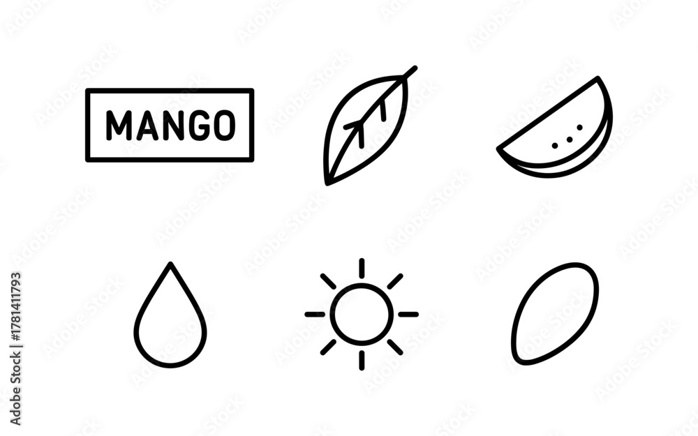 Obraz premium Minimalist icon set featuring mango, leaf, watermelon, sun, raindrop, and seed