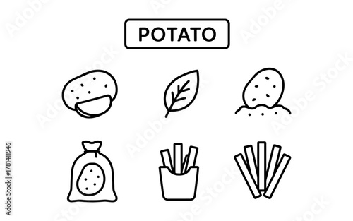 Simple line icons of potatoes and potato-related items for culinary themes