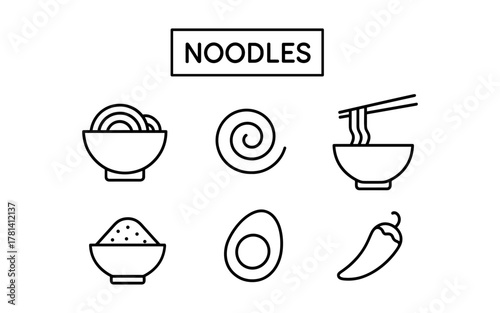 Minimalist line art icons of noodles and ingredients for asian cuisine designs