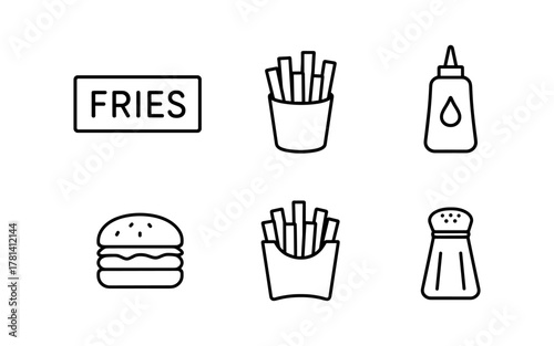 Minimalist fast food icons: fries, burger, sauce bottle, salt shaker