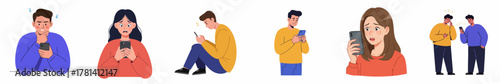 Flat Illustration of People Using Smartphone in Various Poses Set