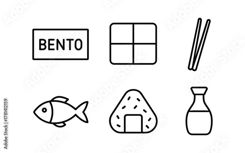 Japanese cuisine icons: line art sushi, bento, onigiri, and more