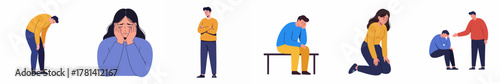Flat Illustration of People with Depression and Emotional Support, Character Design