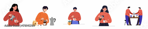 Flat Illustration Group of People Making and Drinking Coffee at Home