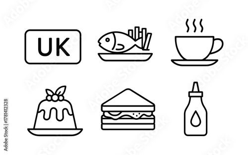 Icon set of british cuisine and symbols in minimalist outline style
